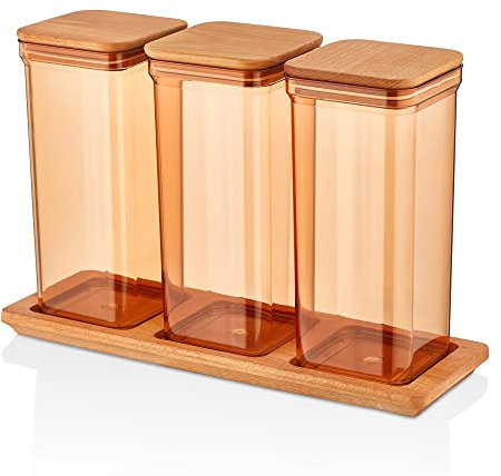 Lashuma 3x Spaghettidose Kunststoff, Vorratsdosen mit Bambusdeckel Braun - Bernstein, Müslibehälter Set 1,5 l