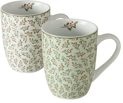 Arinosa Tassen Set Kaffeebecher Weihnachtstassen Mistelzweige Grün Weiß Keramik 330 ml