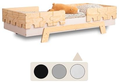 smartwood Kinderbett mit Lattenrost und Rausfallschutz Puzzle BR2 Montessori einzelbett für Jungen und Mädchen - Bett aus Kiefer Sperrholz mit Rausfallschutz und Lattenrost - Weiß - 90x200 cm