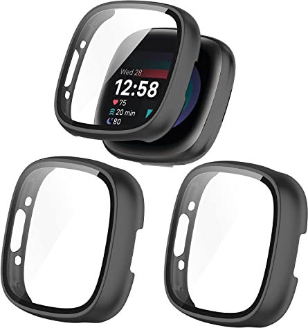 RuenTech Hard PC Schutzhülle für Fitbit versa 4, Hülle Mit Glas Displayschutz, schutzfolie Glas Abdeckung für Fitbit Sense 2 Hülle Watch-Zubehör (Schwarz*3)