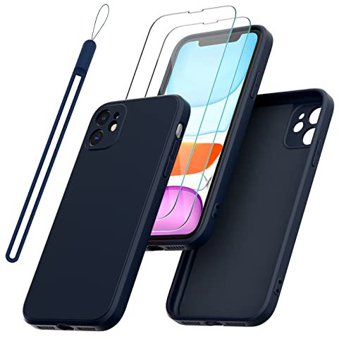 Giolus Case for iPhone 11 with 2 Pack Screen Protector with Wrist Strap, Premium Liquid Silicone Soft TPU Case Anti-Scratch Shockproof Full Body Phone Cover-Blue