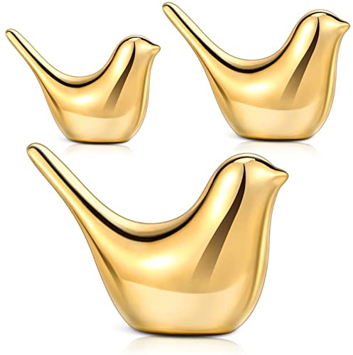 Irenare 3er Set Vogel Dekor Figur Keramik Vogel Statue Kleine Moderne Vogelfiguren Wohnkultur Dekorative Ornamente für Regal Desktop Wohnzimmer Schlafzimmer Schränke Bürodekorationen, 3 Größen (Gold)