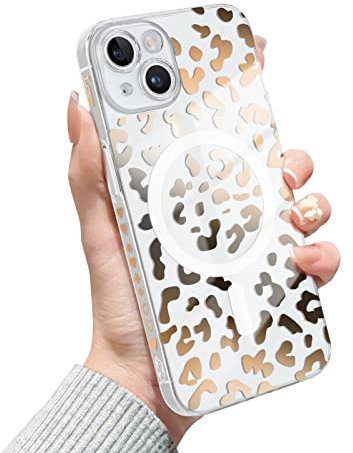Newseego Clear iPhone 13 Case for Girls Women [Compatible with MagSafe], Magnetic Cute Leopard Print Pattern Phone Case Slim Shockproof Camera Protection Bumper Cover for iPhone 13- Rose Gold