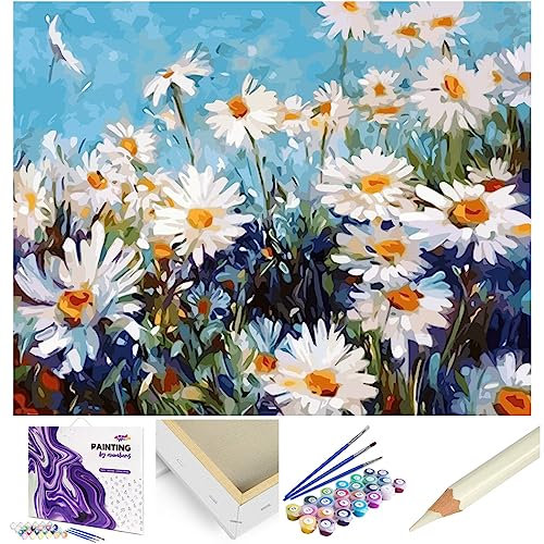 ARTNAPI Malen nach Zahlen Erwachsene mit Rahmen | DIY Handgemalt | Blumen - Gänseblümchen | Kit für Anfänger und Erwachsene | Set inklusive Acrylfarben & Pinsel | 40x50cm Leinwand | Ideal als Geschenk