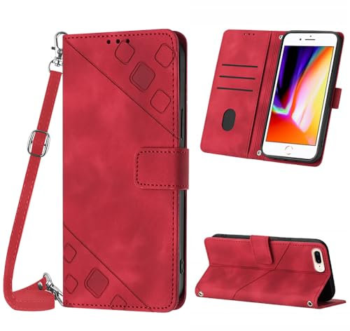 Mo-Beauty Hülle mit iPhone 8 Plus/iPhone 7 Plus/iPhone 6S Plus/iPhone 6 Plus (5.5 Zoll), PU Leder Flip Crossbody Handyhülle, verstellbare abnehmbare Halskette Schutzhülle für iPhone 8 Plus - Rot