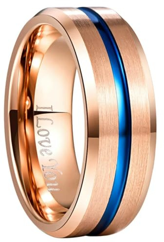 YAHOYA Bague en carbure de tungstène de 8 mm de Largeur Or Rose + Bague de Mariage d’Angle de rainure Bleue pour Hommes