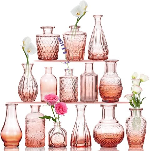 CUCUMI 14-teiliges Glasvasen-Set in Großpackung, schrittweise orange-rosa Relief-Vase für Tafelaufsätze, Mini-Vintage-Glas-Blumenvasen für Hochzeit, Zuhause, Tischparty, Dekoration