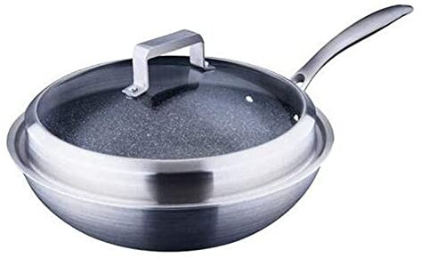 PACUM Wok Cookery Stainless Steel Frying Pan Home Gas Less Wok Non-Stick Frying Pan Scratch-Resistant Frying Pan with Glass Lid Saucepan Vision