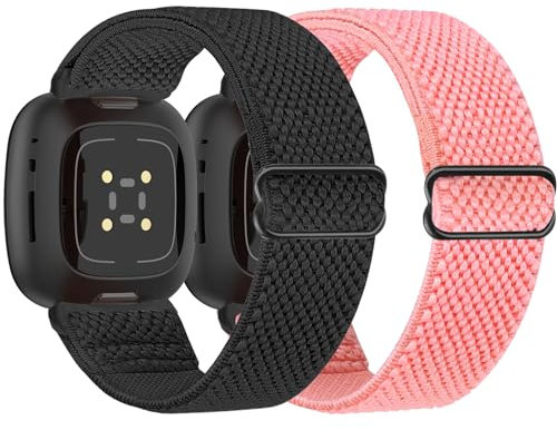 Tiptops 2 Stück Nylon Armband Kompatibel mit Fitbit Versa 4/Versa 3 Armband/Fitbit Sense 2/Sense Armband für Damen/Herren, Sport Elastisches Verstellbares Nylon Uhrenarmband für Fitbit Versa 4/Sense 2