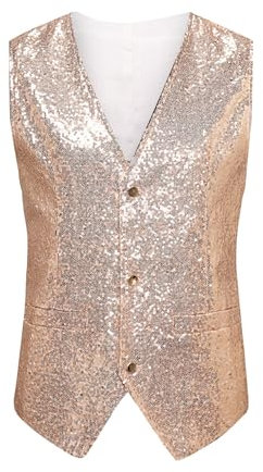 RUMAOZIA Gilet à paillettes pour homme, coupe ajustée, blazer, loisirs, paillettes, costume de carnaval, fête, mariage, un bouton, veste de costume à paillettes, O Rose Gold, M