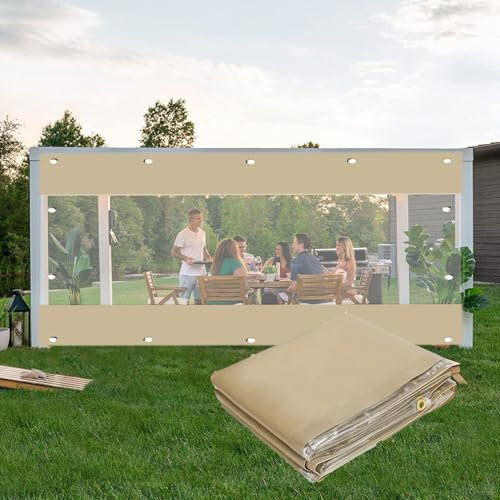 QSTGX Tenda Incatramata Trasparente per Esterni, Tende Resistenti Alle Intemperie In PVC per Pergola Patio Portico Gazebo, Pannelli Laterali In Tela Cerata Trasparente Beige (Color : Beige, Size : 1