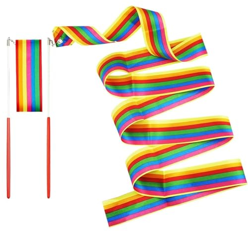 ALEGRE® Regenbogen LGBTQ Flagge mit Stab, 2 Stück Rainbow Progress Pride Flag, 2M Regenbogen Flagge Tanzband mit Stab Kinder, Lesbian Flag, Gymnastik Regenbogenfahne für Geburtstag, Karneval Geschenk