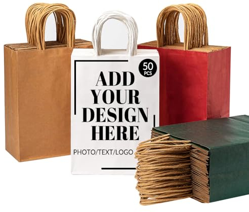 50x Personalisiertes Kraftpapiertüten - 21 x 15 x 8 cm Papiertüten braune klein - Kraftpapiertüten mit Henkel - für Hochzeit, Geburtstag, Partyzubehör und Geschenke