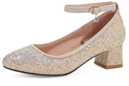 HSyc JRX Escarpins à talon bloc à bride de cheville avec paillettes et boucle en strass, rose bonbon, 43 EU