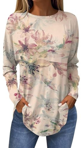 Damen Top Elegant Rundhals Langarmshirt Lässig Shirt 2024 Mode Drucken Tshirt Casual Langarm Oberteile Vintage Longshirt Locker Tunika Herbst Basic Blusen Pullover Sweatshirt(2-Orange,XL)