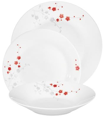 Domotti Tafelservice 6 Personen Carla 18-teilig aus Porzellan weiße Teller mit Blumendekor Spülmaschine & Mikrowelle