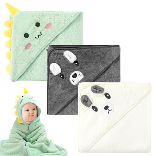 Kaisibum 3 Stück Baby Handtuch Kapuze, Kapuzenhandtuch Baby, 80 x 80 cm Babyhandtuch mit Kapuze, Korallenplüsch Baby Handtücher Baby Badetuch für Babybaden Unisex
