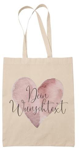 Alsino Baumwoll Einkaufstasche Nachhaltig Langer Henkel Personalisierbarer Baumwollbeutel mit Pastellfarbenden Herz-Druck & Wunschtext Stoffbeutel - Geschenkidee