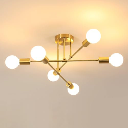DELIPOP Deckenleuchte Vintage, 6 Flammig Sputnik Kronleuchter Modern, E27 Fassung, Wohnzimmerlampe Gold Industrie Deckenlampe Metall für Schlafzimmer Esszimmer Küche Flur Bar