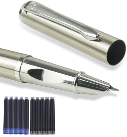 YUN CHUN Fine Nib Fountain Pen with 20 Ink Cartridges, Executive Pen for Work, Best Gift Set for Men, Office Appreciation Gift for Coworkers, Silver