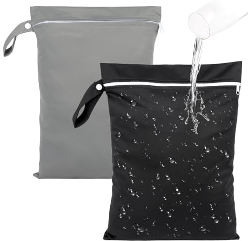 Deepton 2 Stück Nassbeutel 40 x 30 cm, Wasserdicht Wetbag Schwimmsachen | Nasstasche mit Reißverschluss, Wiederverwendbar Reise Wäschesack für Badeanzüge, Strandtücher, Windeln, Schwarz & Grau