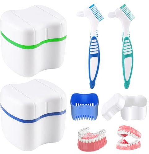 Zahnprothese Etui, 2 Stück Zahnspangenbox+ 2 Prothesen Reinigerbürsten, Prothese Box, Prothesen Behälter, Prothesen Aufbewahrungsbox Für Falsche Zähne Lagerung Reinigung, Grün + Blau