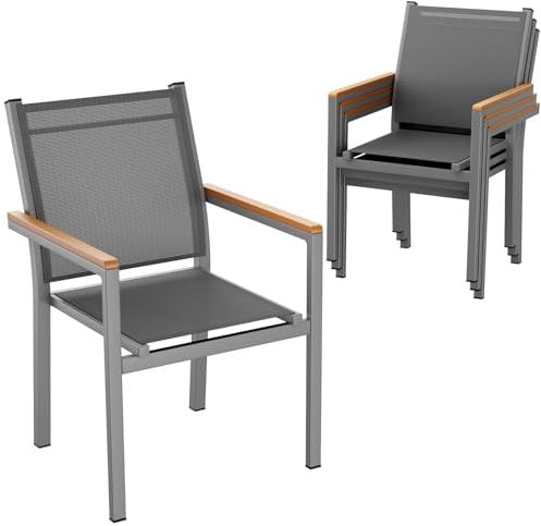 LIFERUN Gartenstuhl 4er Set, Aluminium, Stapelbarer Esszimmerstuhl Textilene, WPC Handlauf, Balkonstühle, für Terrasse, Balkon, Terrasse, Pool, Restaurants, Wetterfest, Grau, 4 pcs