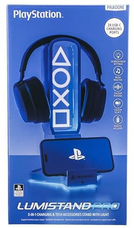 Paladone Playstation 3-in-1-Kopfhörerständer und Tech-Ladestation mit Konsolen-Controller-Halterung und 2 USB-C-Anschlüssen, RGB-Farbwechsel-Lichtpanel, offizielles Lizenzgeschenk für Gamer