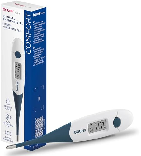 Beurer FT 17 termómetro clínico digital, termómetro con punta de medición flexible para la medición oral, rectal y axilar, resultado en 10 s, indicador de fiebre, para bebés, niños y adultos, blanco