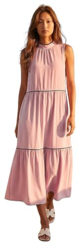 Roman Originals Tiered Swing Midi Dress for Women UK - Ladies Everyday Holiday Spring Summer Round Neckline Comfy Soft Evening Vacation Work Party - Light Pink - Size 14