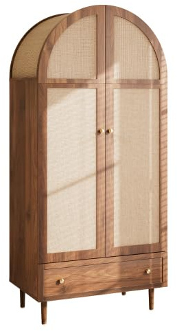 HAINEW Klädskåp med gångjärnsdörrar med 2 rattandörrar och 1 skjutlåda, sovrumsskåp Flerfunktionsskåp Arkivskåp med förvaringsutrymme, 79×50×175 cm, träfärg