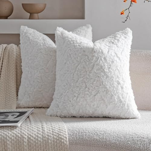Neelvin 2er Set Kissenbezug Kunstpelz Pelz Plüsch Dekorative Kissenbezüge Sofakissen Kuschelig weich Couchkissen Dekokissen für Couch Sofa Wohnzimmer Schlafzimmer Creme Weiß 40 x40 cm