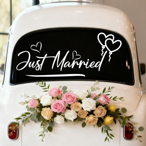 Just Married Car Sticker, 59x25cm/23.2x9.8in Just Married with Heart Vinyl Sticker Funny Wedding Car Decorations Suitable for Window Bumper (White)