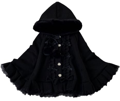 Cuteighteen Kawaii Lolita kappa med huva tonåringar cape fleecefodrad jacka vinterkappa huvtröja spetskant poncho tröja, Svart, one size