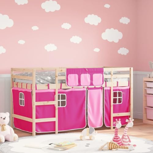 QJBSAVVA Kinderhochbett Rosa Kiefer massiv 205,5x95,5x113,5 cm mit Vorhängen Spielbett Spielraum unter dem Etagenbett für Mädchen ab 6 Jahre geeignet