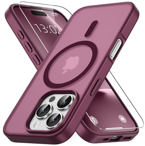Vansdon Cover Magnetica per iPhone 16 Pro Max con 1 Pezzi Vetro Temperato | Bordeaux, Compatibile con Magsafe, Protezione anticaduta di livello militare, Custodia Traslucida Opaca Sottile Antiurto