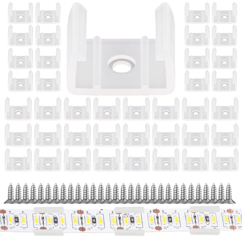 50 Stück LED Streifen Befestigungsclips, (Selbstschneidende Schrauben aus 304-Edelstahl) Durchscheinend Wasserdichter LED-Lichtstreifen Clips für 12 mm bis 14 mm Silikon LED Streifen Halterung