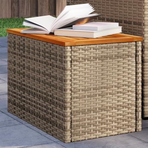 Mandloder Garten-Beistelltische 2er-Set, Beige Poly Rattan, 55x34x37 cm, Massivholzplatte, wetterfest, für Terrasse, Balkon, Garten, Outdoor-Möbel