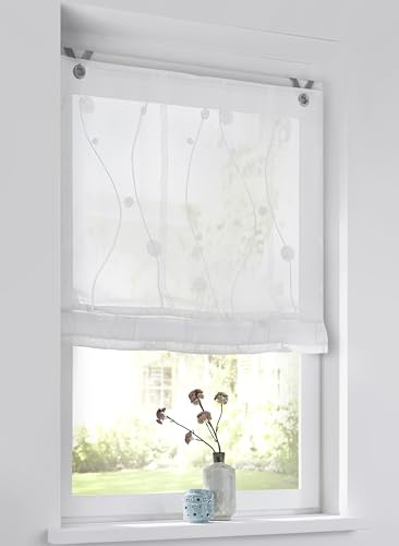 Kutti Ösenrollo Nelly Weiß – halbtransparent mit gesticktem Rankenmuster – 100x140 cm – dekoratives Polyester-Rollo mit weißer Rankenstickerei, angenehme Lichtdurchlässigkeit, einfache Ösenbefestigung