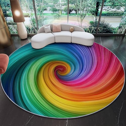Runder Teppich Regenbogenfarben Wirbelnde Bunte Streifen Blau – Waschbar Kurzflor Anti-Rutsch Wohnzimmer Schlafzimmer Kinderzimmer Teppich Rund Modern Vintage Muster Weich Flauschig 180 cm