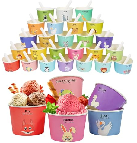 dellyy Vasos de Papel, Vasitos de Helado Desechables 180 ml con 25 Cucharas, Tarrinas para Helados con 25 Figuras de Animales y Letras para Helado, Sopa