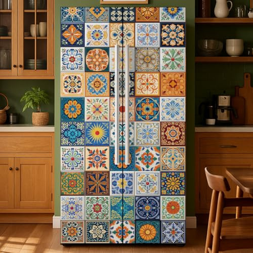 GOMAKERER - Lote de 2 revestimientos adhesivos extraíbles con motivos florales para frigoríficos, adhesivos de pared de vinilo para puerta de refrigerador, congelador para decoración de cocina y bar