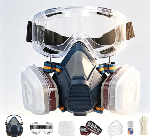 CERKAKITCH Wiederverwendbare Atemschutzmaske, Staubschutzmaske Gase mit Filter und Schutzbrille,für Lackier,Feinstaub,Arbeitein,Schleifen Staubmasken,Handschuhe,Patronen und Staubfilter