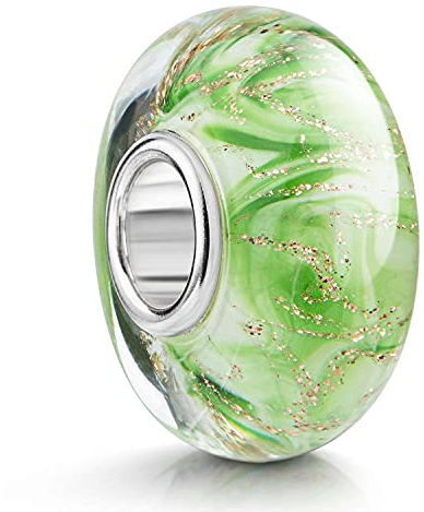 Materia perles verre de Murano Vert Blanc Élément paillettes – Argent 925 perles verre avec paillettes Doré # 1613