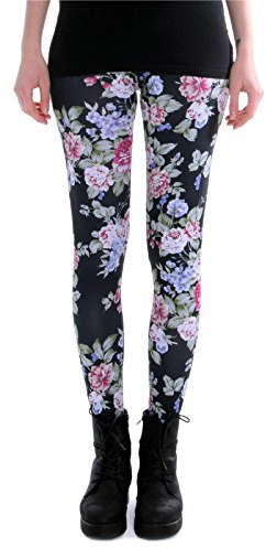 cosey - Bedruckte Bunte Leggins (Einheitsgröße) Verschiedene Leggings Designs, Rosen Schwarz, Einheitsgröße