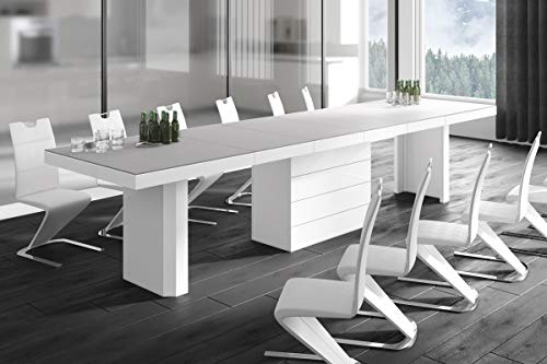 Design Esstisch HE-444 Hellgrau matt/Weiß Hochglanz ausziehbar XXL 160 cm bis 412 cm Esszimmertisch für 16 Personen Kitchentable Funktionstisch Ausziehtisch Esszimmer Tisch Esszimmermöbel