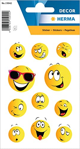 HERMA 15042 Aufkleber Smiley klein groß, 33 Stück, Belohnung Sticker mit lustigen Emoji Gesicht Motiv, Kinder Etiketten für Schule Grundschule Schüler Tagebuch Scrapbooking Geburtstag Deko DIY Basteln