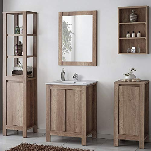 Lomadox Landhaus Badezimmer-Möbel Komplett Set ● Holzoptik Country Eiche Nb. ● 60cm Waschtisch-Unterschrank mit Keramik-Waschbecken ● Hochschrank, Wandregal, Unterschrank & Spiegel