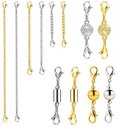 12 Stücke Halskette Extender Armband Verlängerung Kette Edelstahl Extender Ketten Kettenverlängerungen Magnetverschluss Magnetische Karabinerverschlüsse für Halskette Armband Schmuck, Silber und Gold