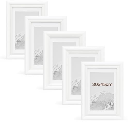 WOLTU Bilderrahmen 30x45cm 5er Set Fotorahmen Holzrahmen mit Passepartout, zum vertikalen oder horizontalen Aufhängen/Aufstellen, Posterrahmen Collage Wanddeko, Weiß